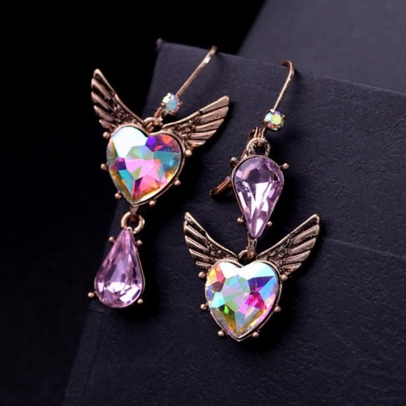 HEART ANGEL WING RHINESTONE DANGLE EARRINGS - Picture 1 of 8